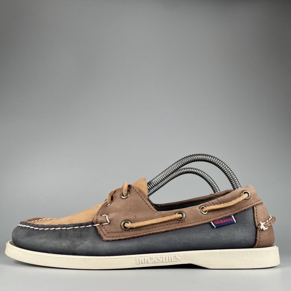 Sebago Authentic Men's 8.5 Navy Brown Leather Lace Up Loafers Boat Shoes Casual